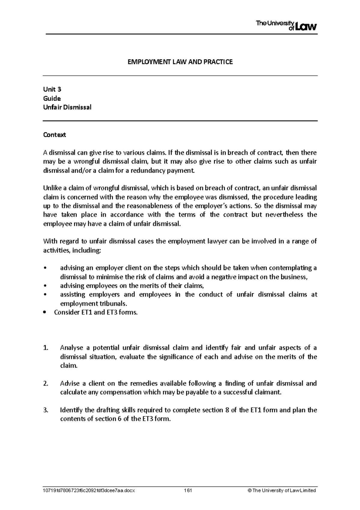 Employment Law Workshop 3: Unfair Dismissal Claims Overview - Studocu