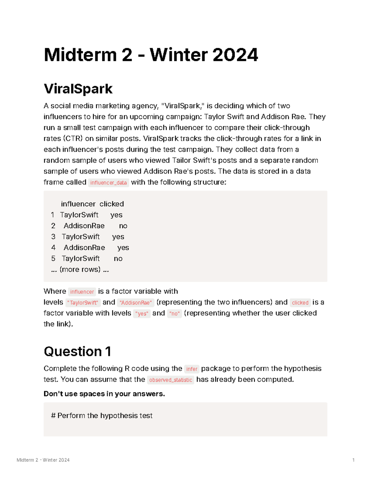 Midterm 2 - Winter 2024 - Real Exam Insights and Hypothesis Testing ...