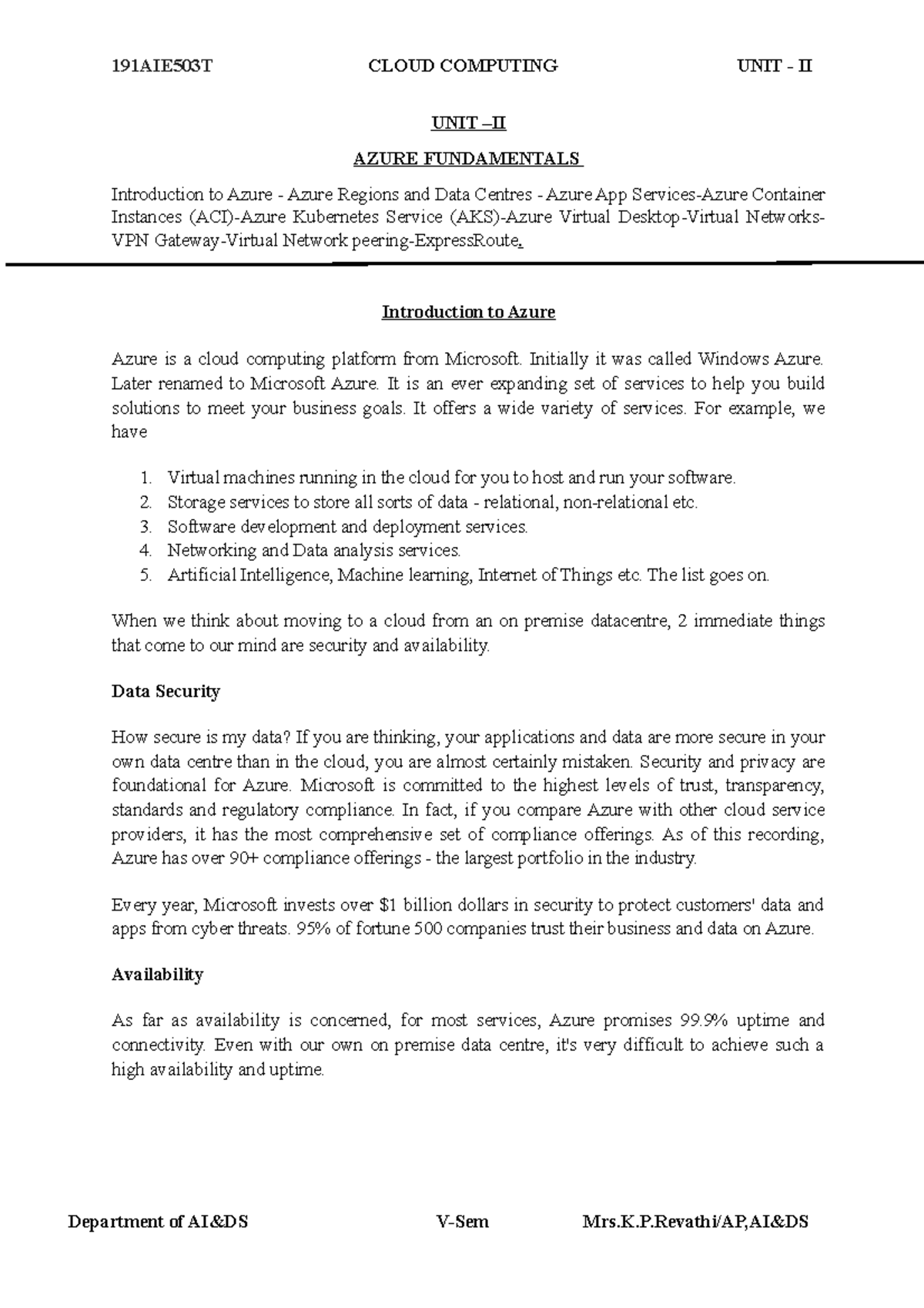 UNIT - II - Cloud Computing in Azure - UNIT –II AZURE FUNDAMENTALS ...