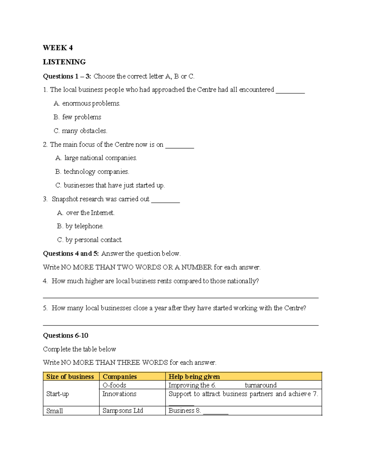 Chapter 2 (Week 4) Exercises and Answer Key for Listening & Reading ...