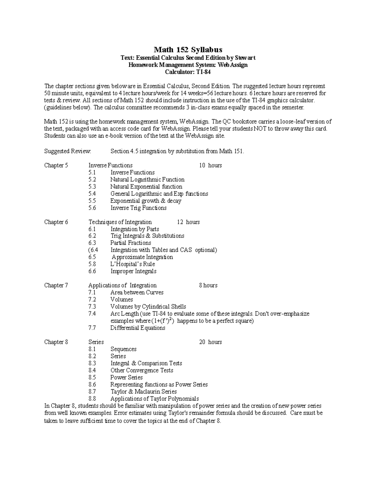 Math 152 Syllabus: Essential Calculus Course Overview & Guidelines ...
