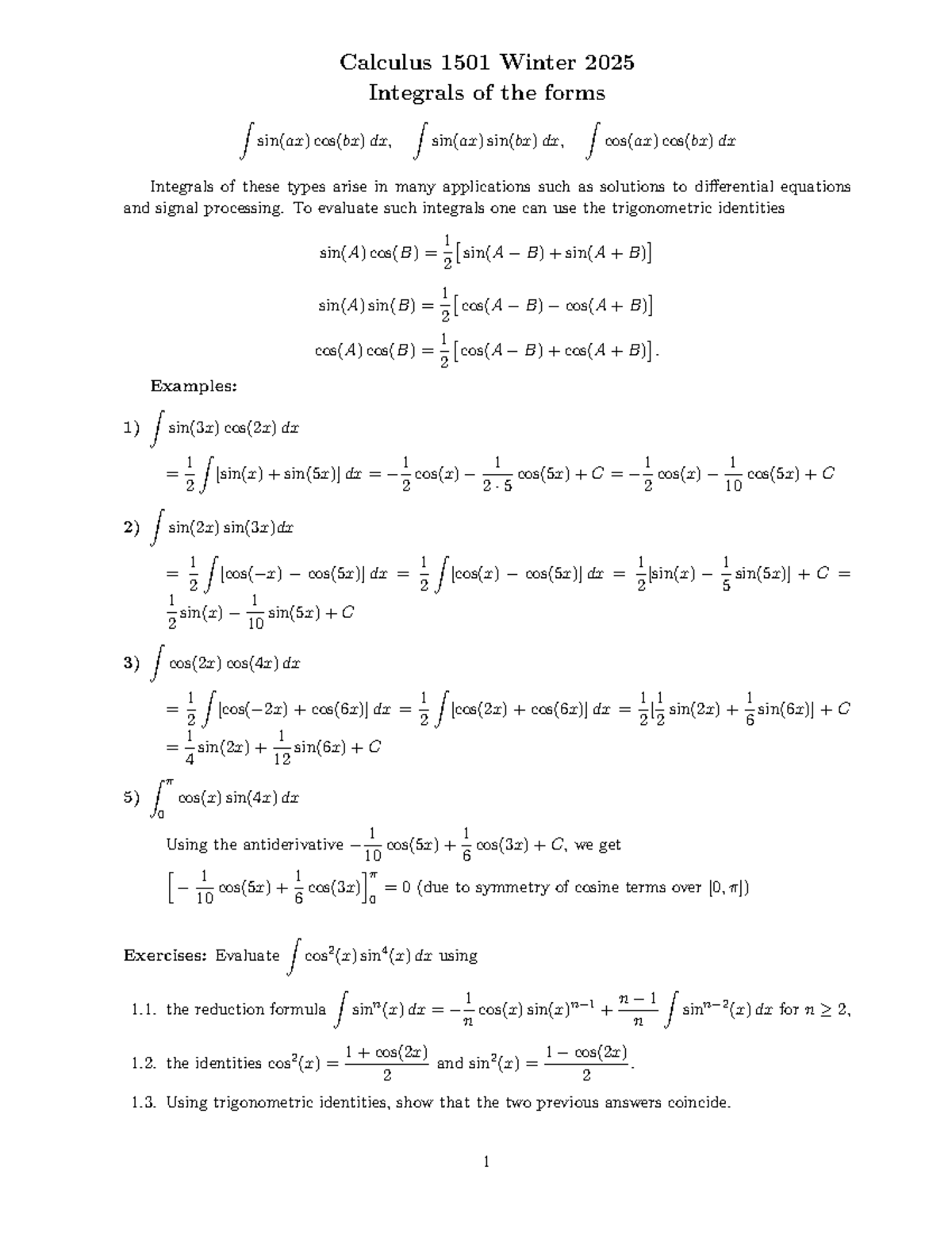 CALC1501B-2025-Integrals sin(ax)cos(bx) - Calculus 1501 Winter 2025 ...