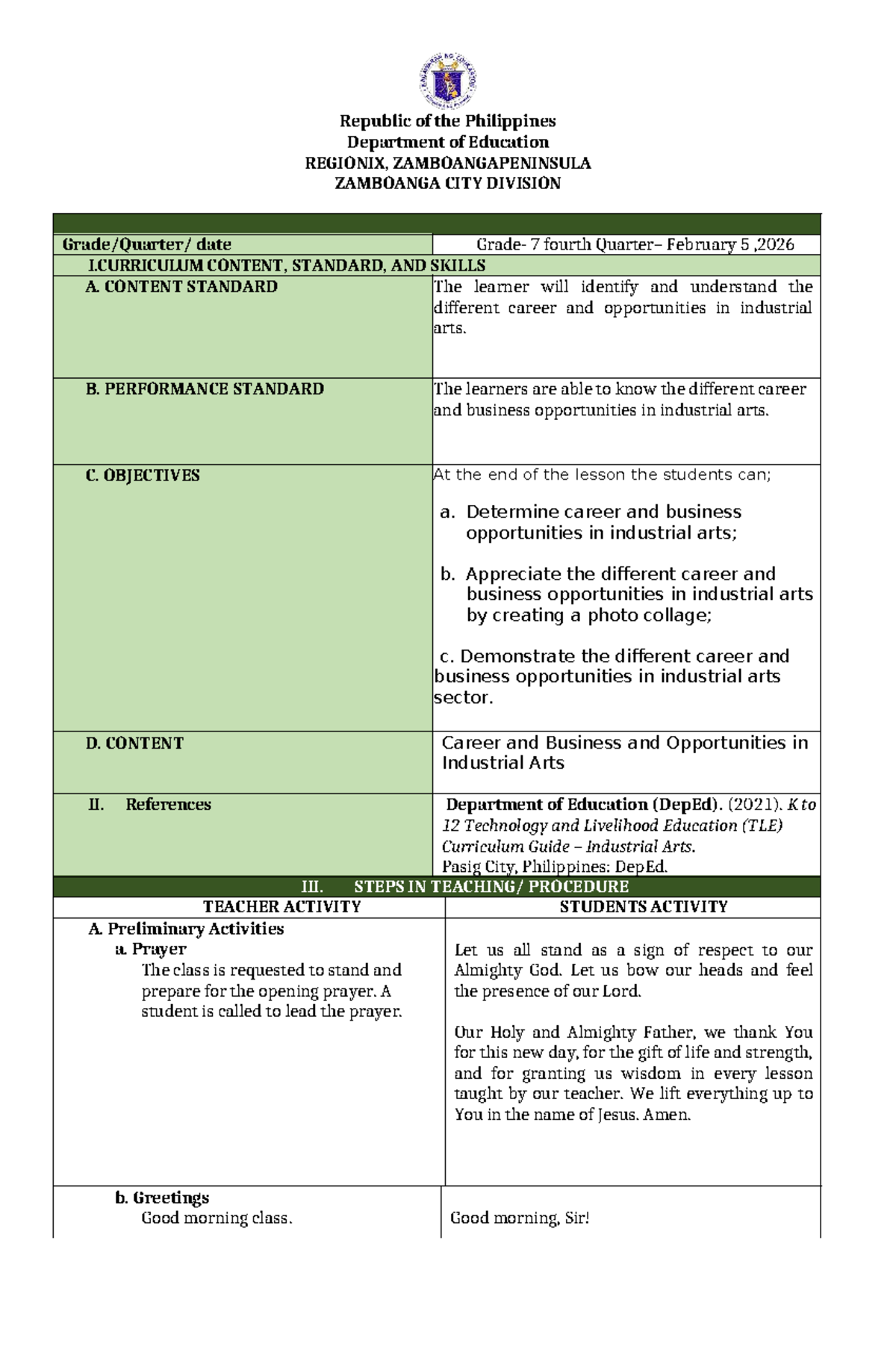 TLE 7 Lesson Plan: Career Opportunities in Industrial Arts - Studocu