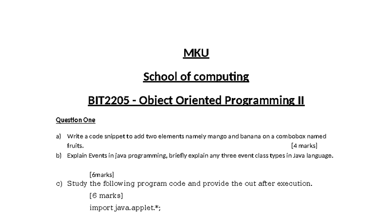 CAT for BIT2205 - Object Oriented Programming II Exam Questions - Studocu