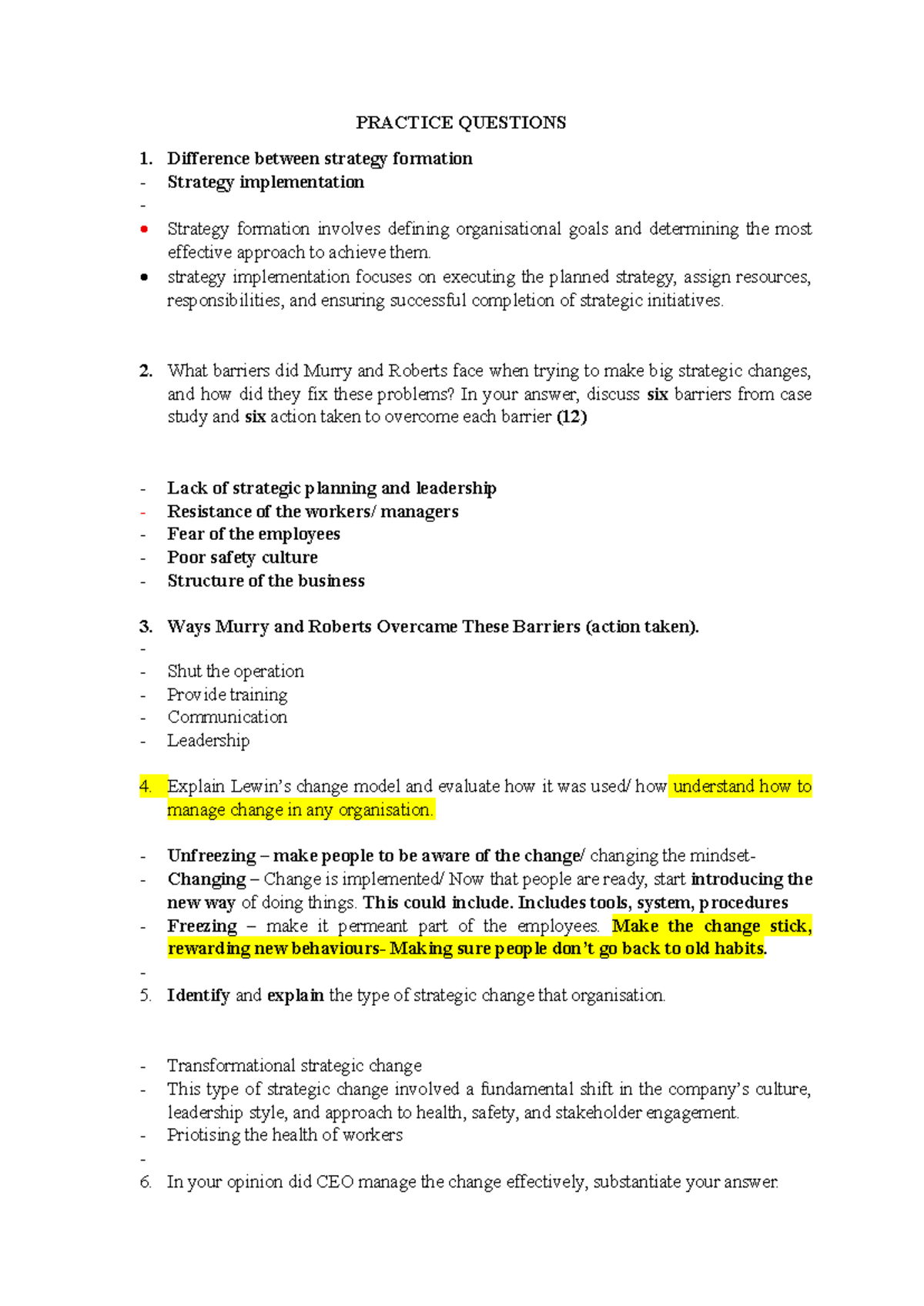 Practice Questions on Strategy Change & Implementation MNG7202 - Studocu