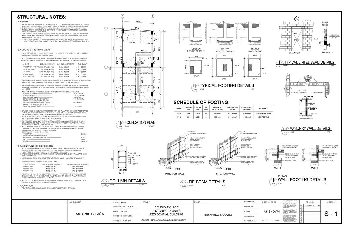 S-1: Structural Notes for 3-Storey Residential Building Renovation ...