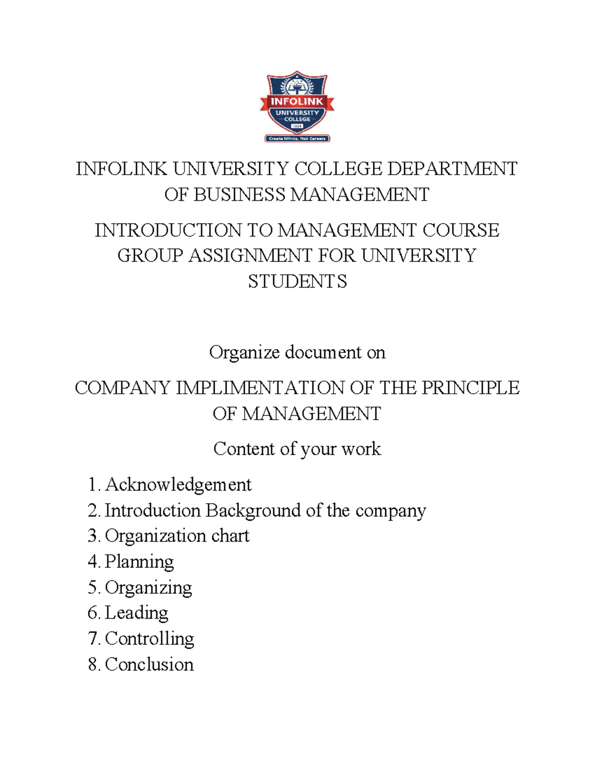 Assignment FOR University Students - Management thought - INFOLINK ...