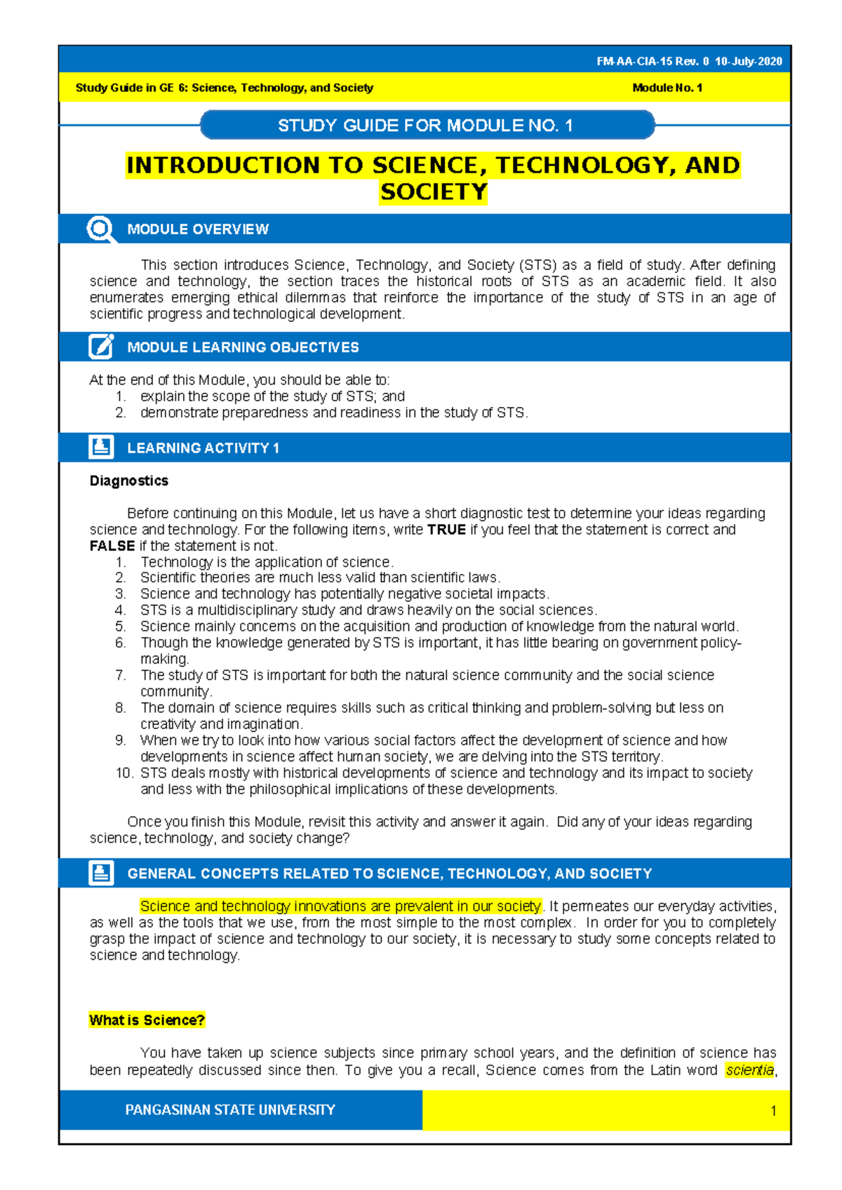 STS GE 6 Module 1 Study Guide: Science, Technology & Society Overview ...