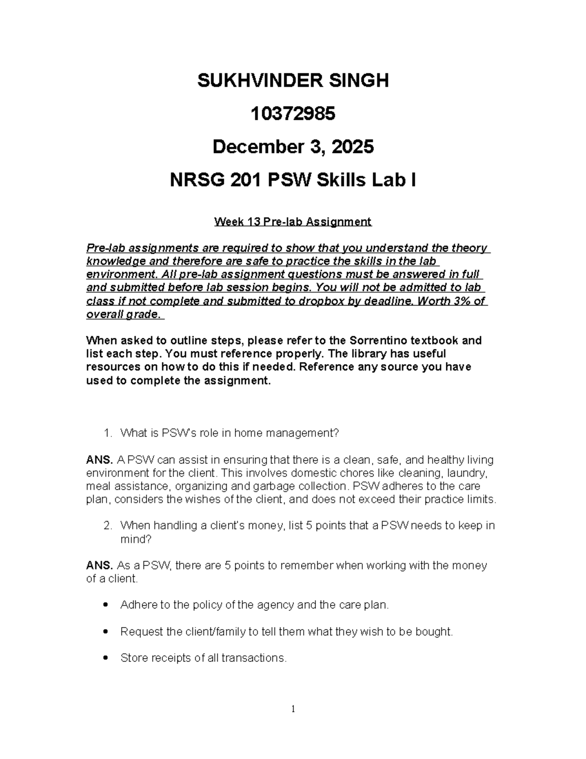 NRSG 201 Week 13 Pre-lab Assignment: PSW Skills Lab I - Studocu