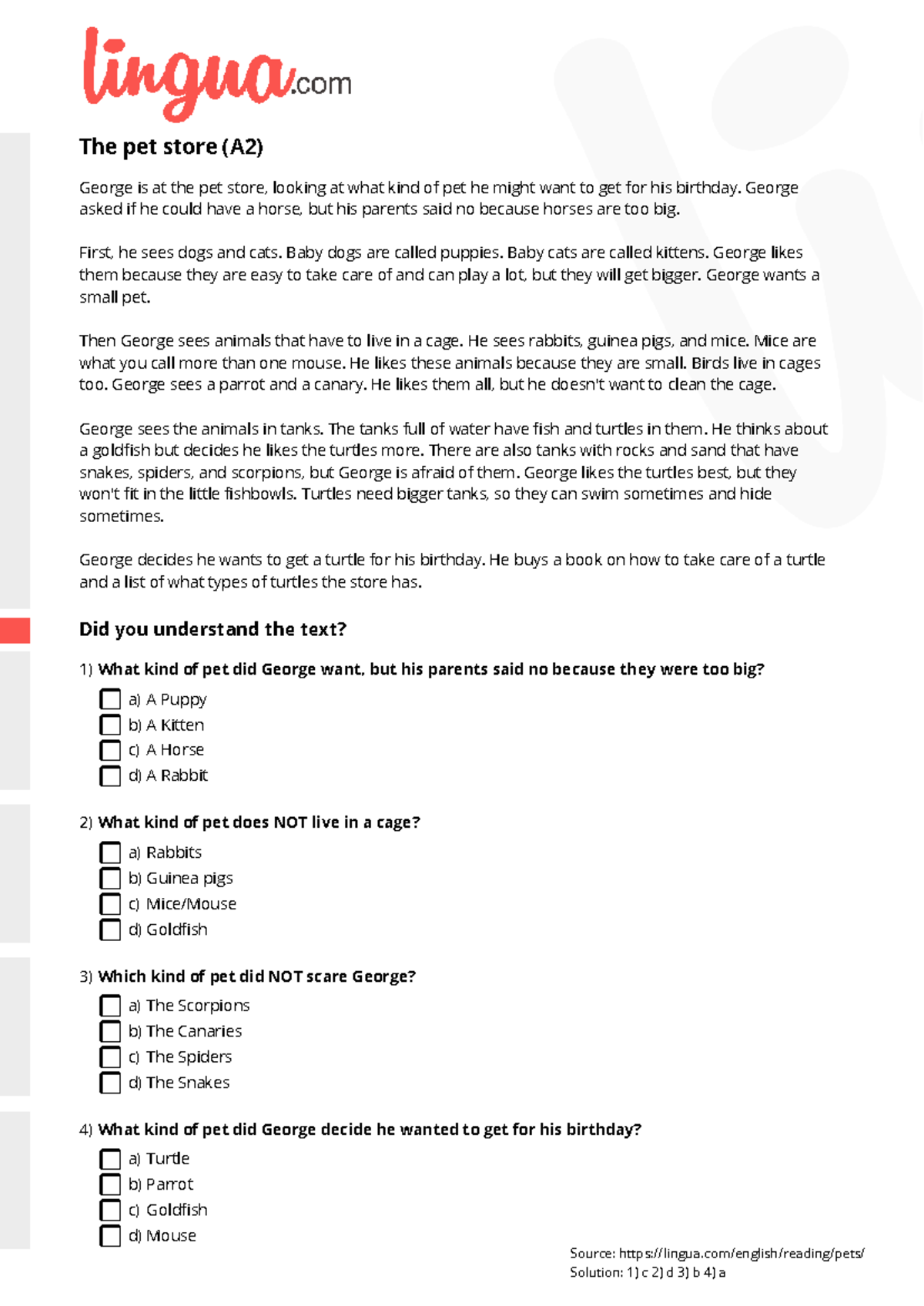 A2: Pets Friendly for Us - George's Birthday Pet Choices - Studocu