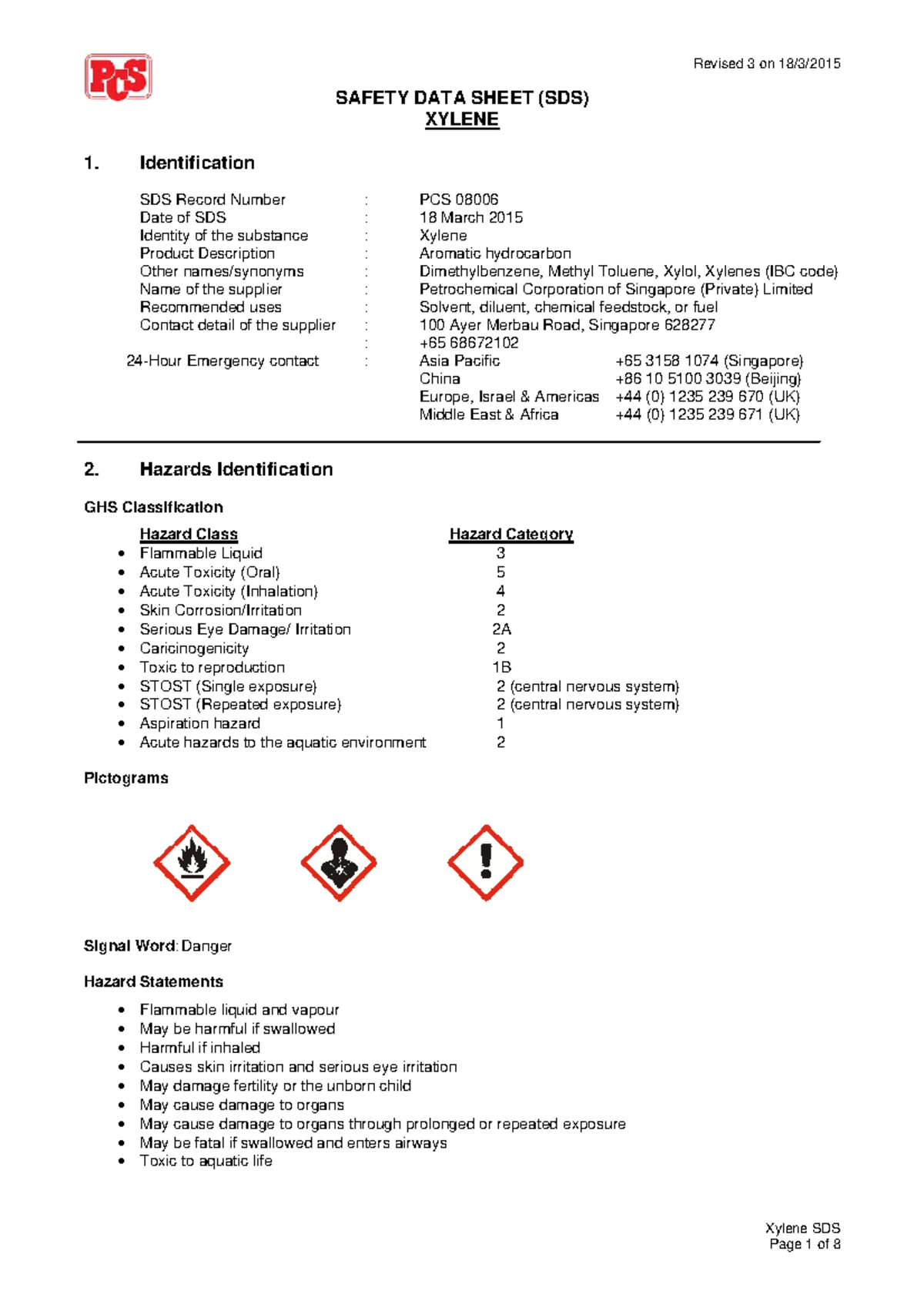 Xylene exercise Translate - Xylene SDS SAFETY DATA SHEET (SDS) XYLENE 1 ...