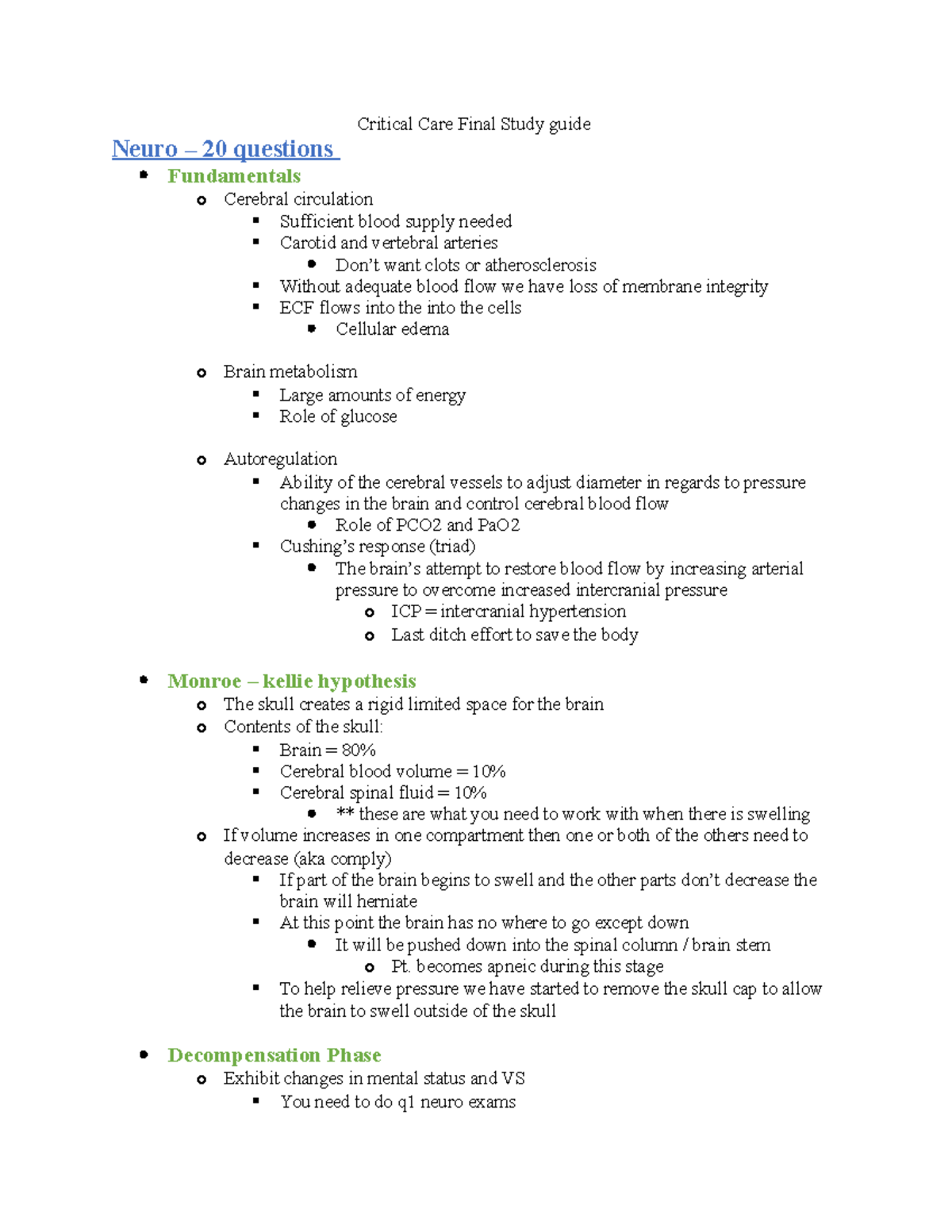 Critical Care Final Study guide for nurs420 at drexel - Critical Care ...