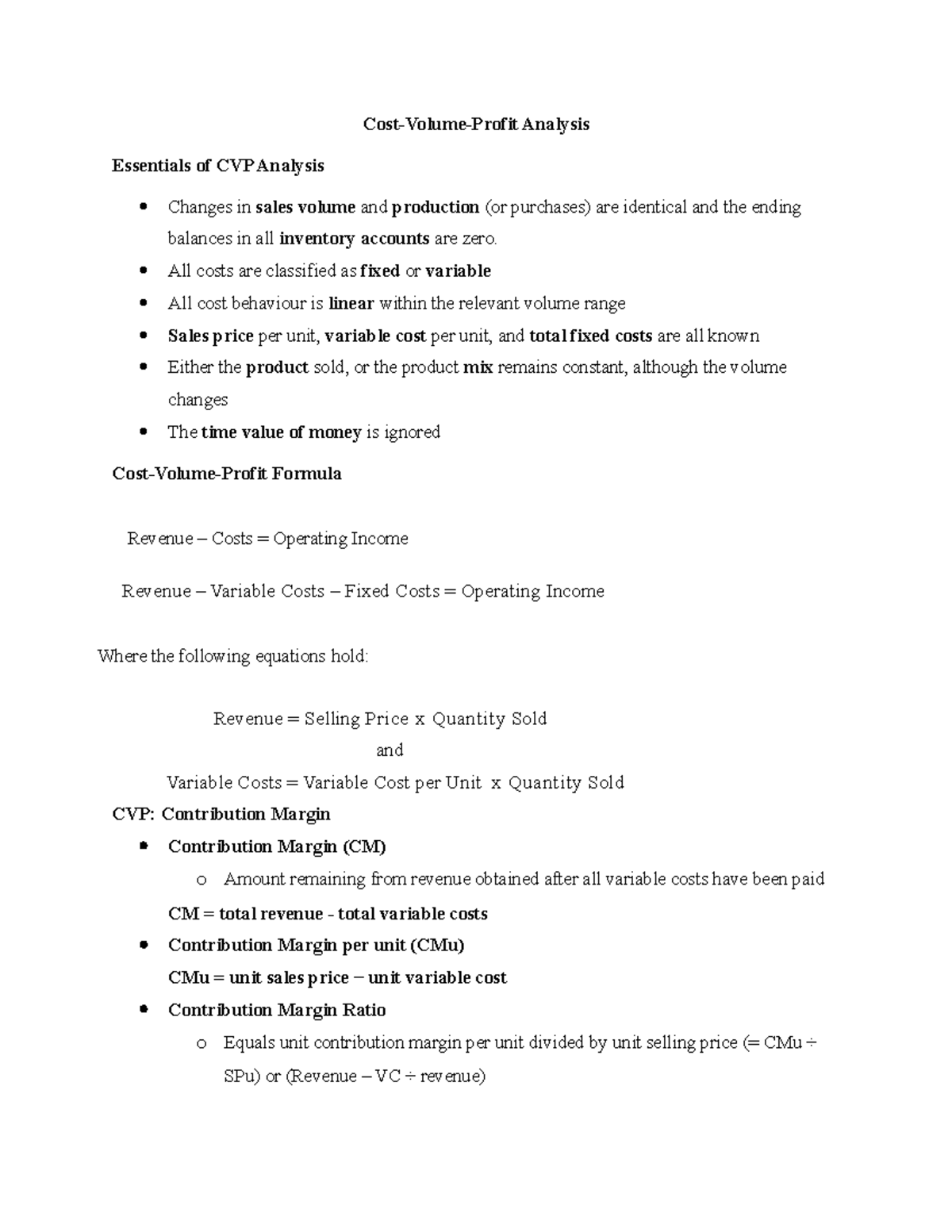 CVP Analysis - Lecture notes 1 - Cost-Volume-Profit Analysis Essentials ...