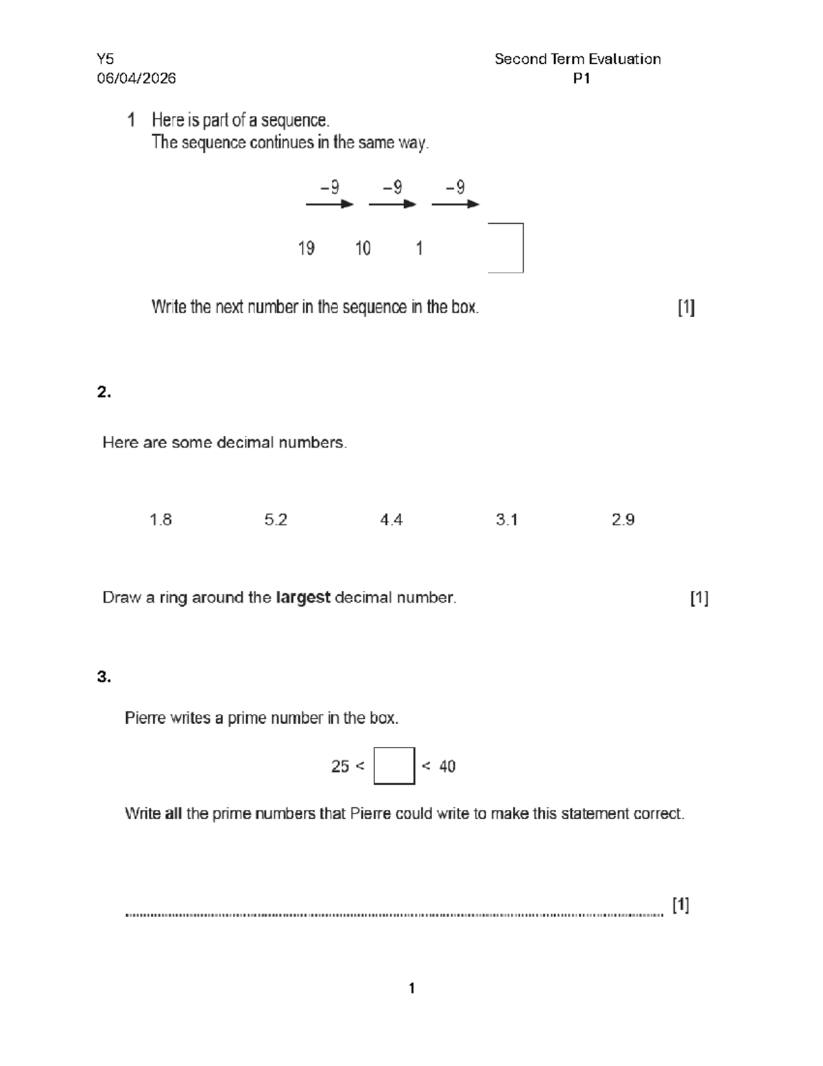 Y5 Second Term Evaluation - Math - 06/04/2026 P 2. 3. 06/04/2026 P 4. 5 ...