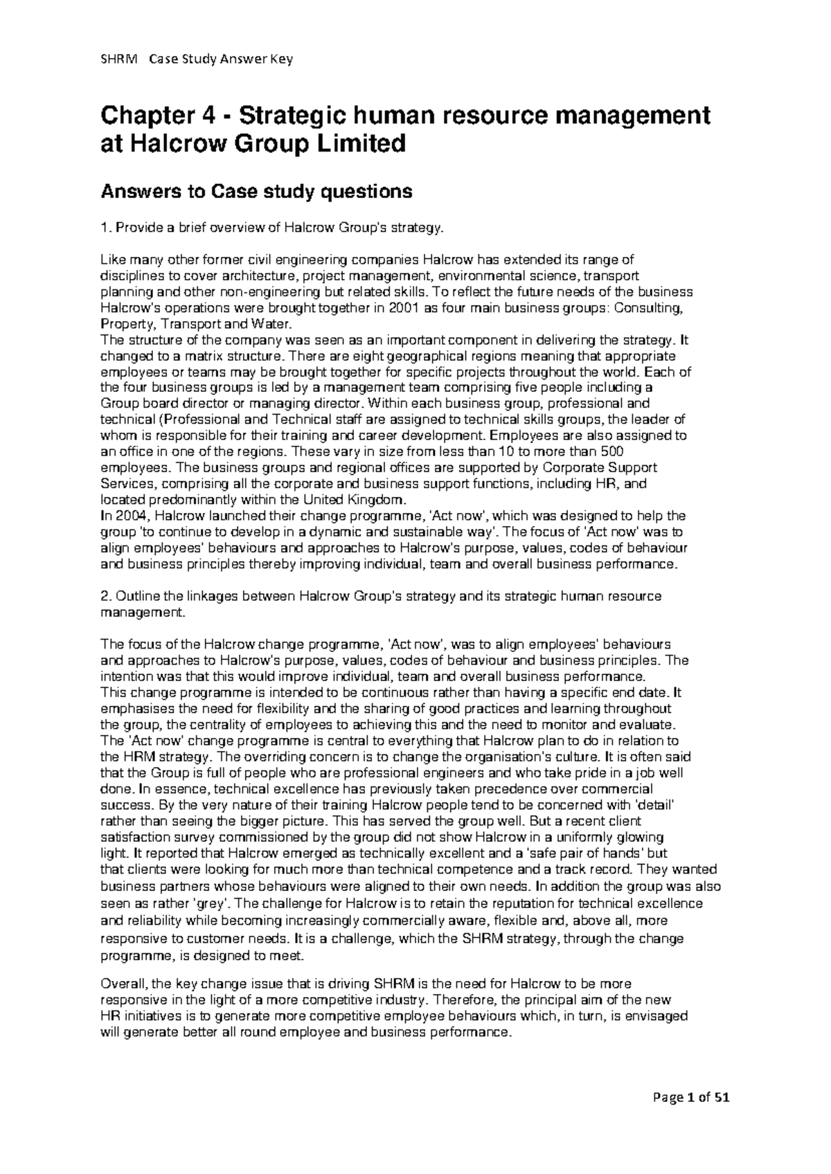 SHRM Case Study on Strategic HRM at Halcrow Group Limited - Studocu