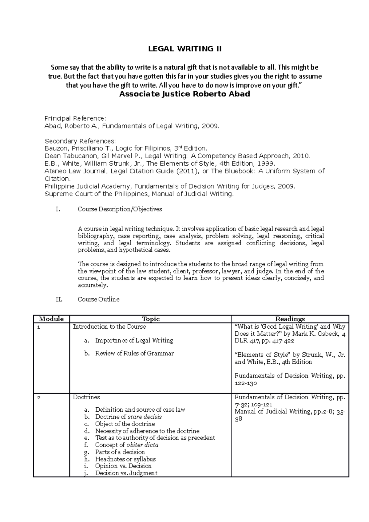 Legal Writing II Syllabus: Techniques, Objectives & Course Outline ...