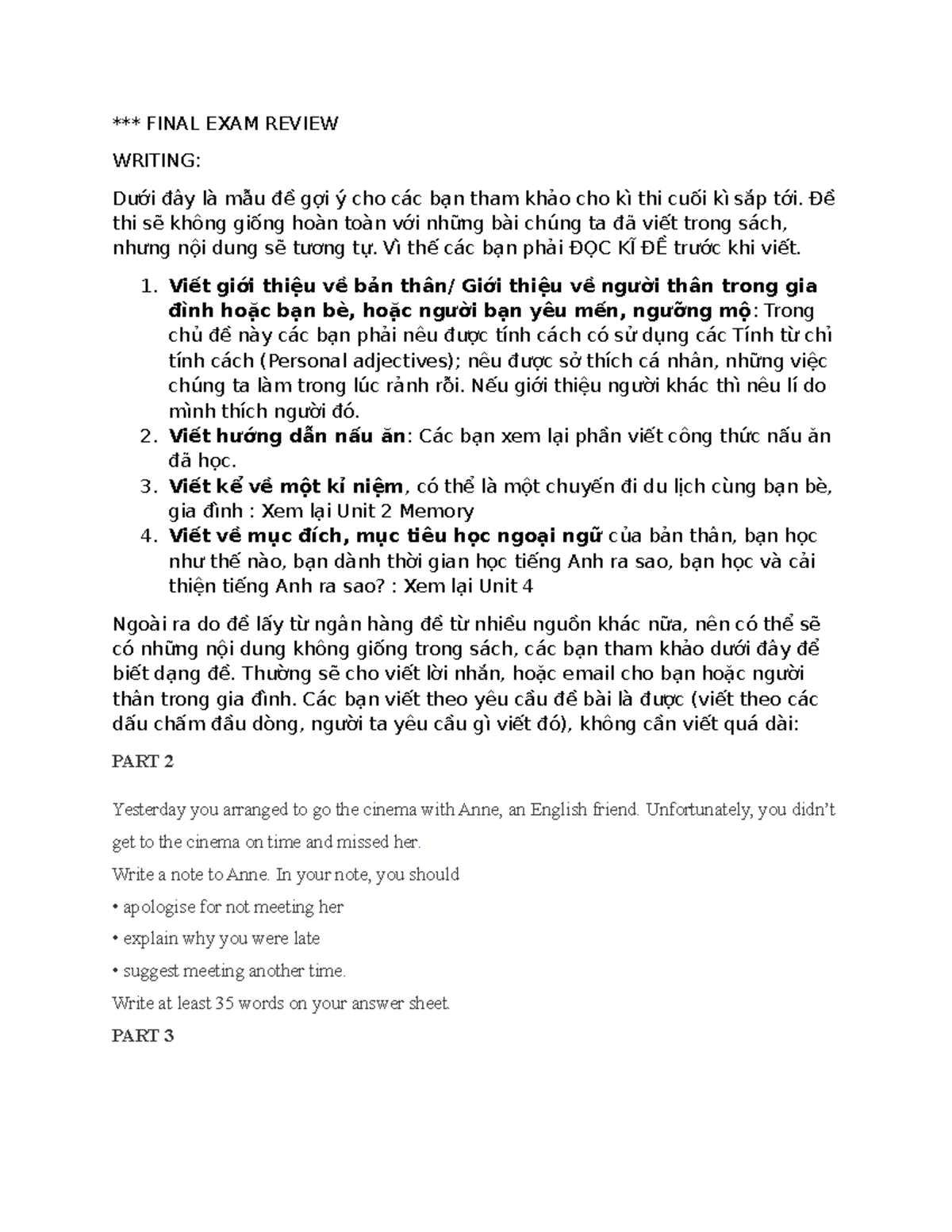 FINAL EXAM REVIEW: Writing Tips and Sample Topics for Students - Studocu