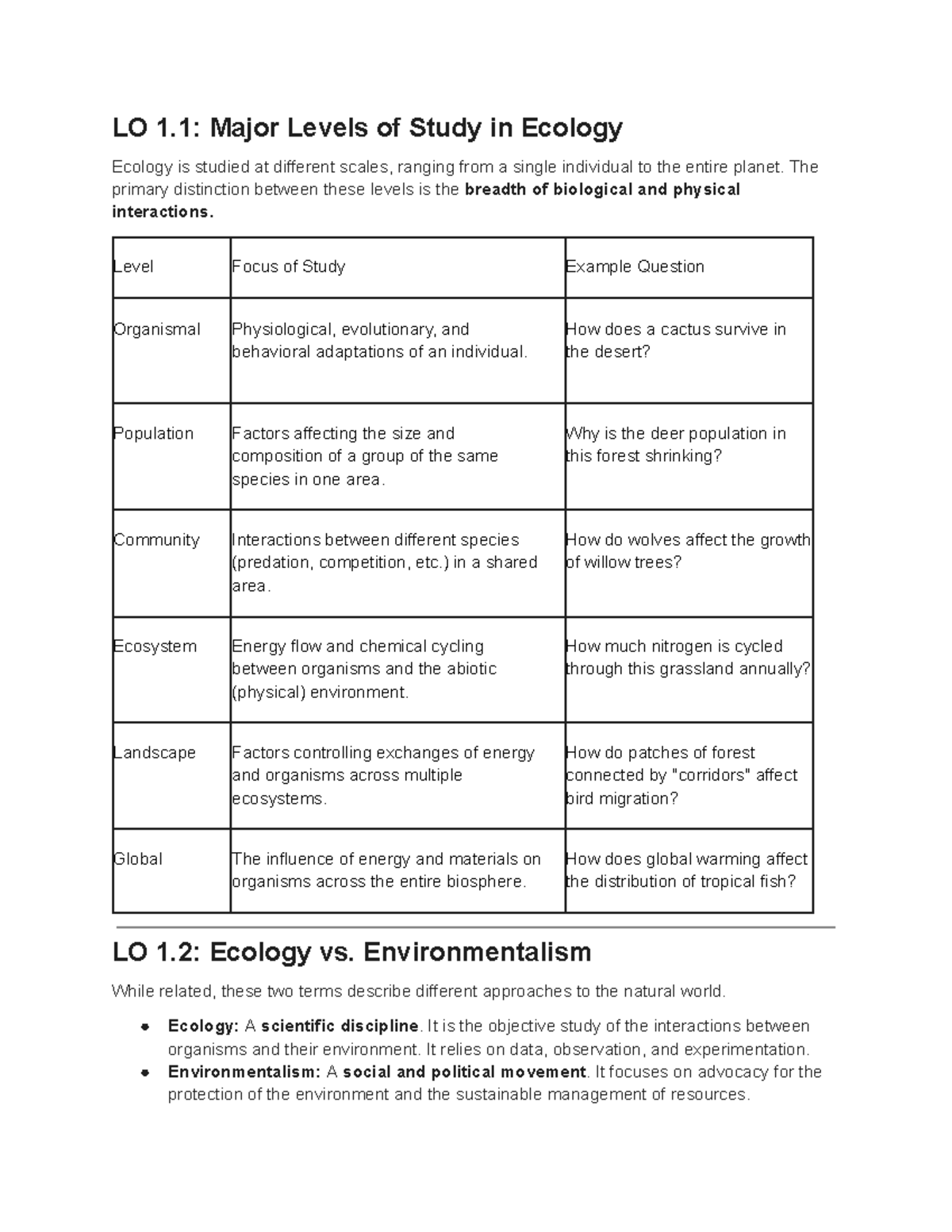 Ecology Levels of Study and Key Concepts - Studocu