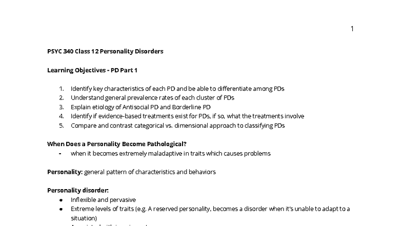 PSYC 340 Class 12: Key Insights on Personality Disorders - Studocu
