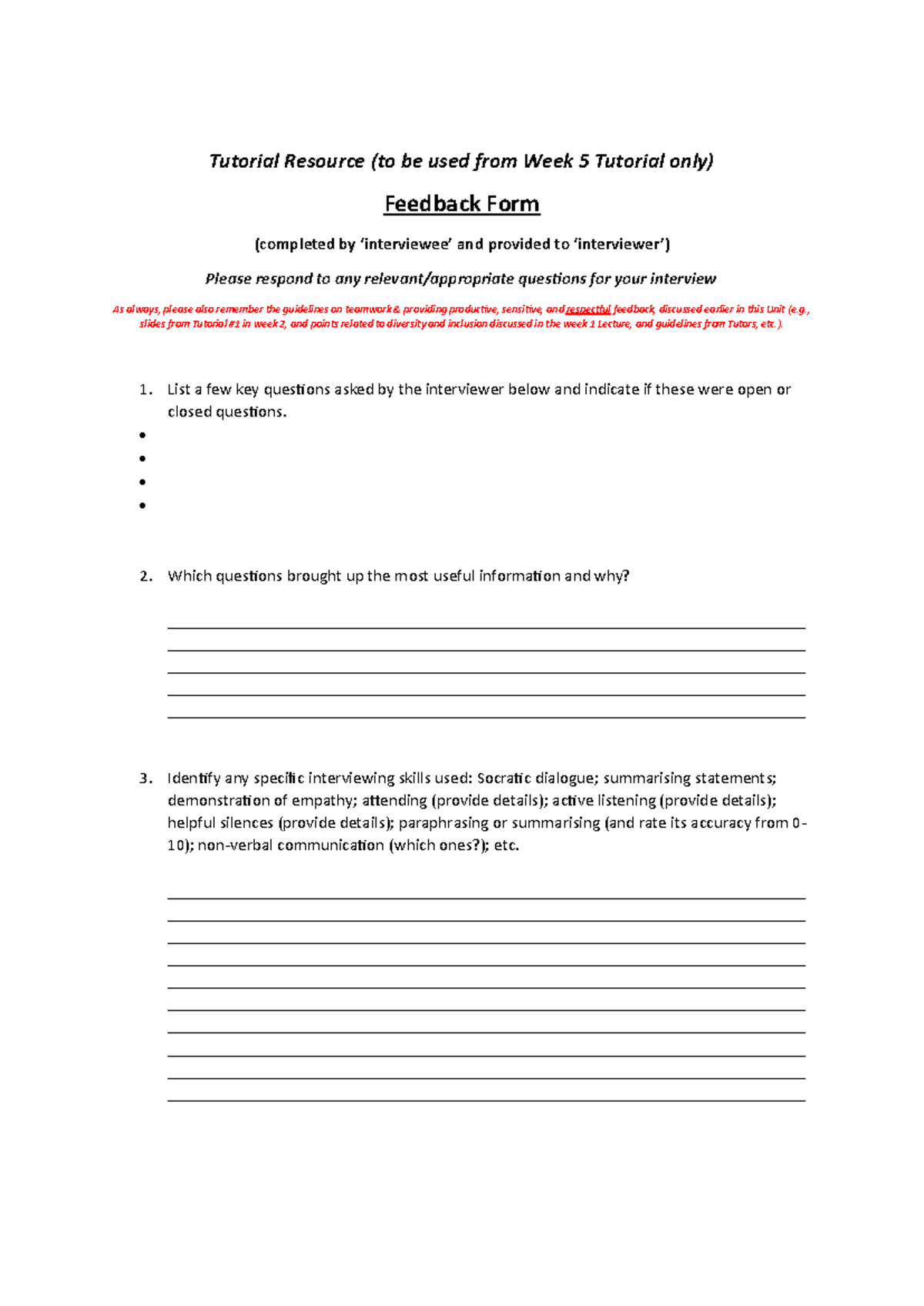 Week 5 Tutorial Feedback Form: Interview Questions & Skills Analysis ...
