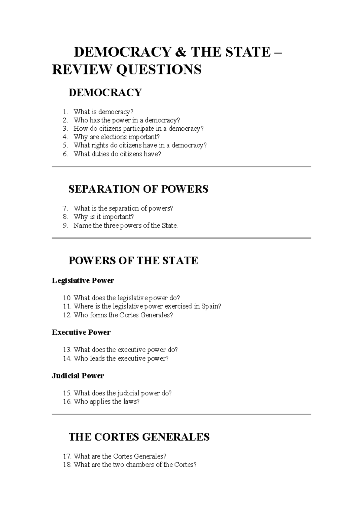 Democracy Review Questions - Preguntas sobre la Democracia - Studocu
