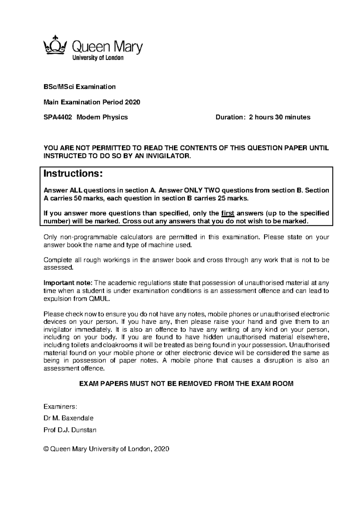 SPA4402 Final Exam: Modern Physics Examination Paper 2020 - Studocu