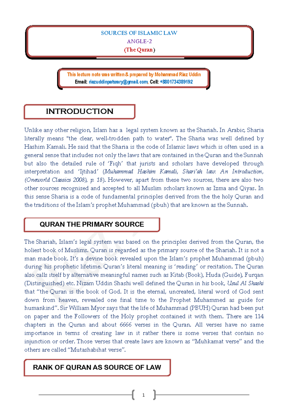 SOURCES OF ISLAMIC LAW (Quran) - Lecture Notes by Mohammad Riaz Uddin ...