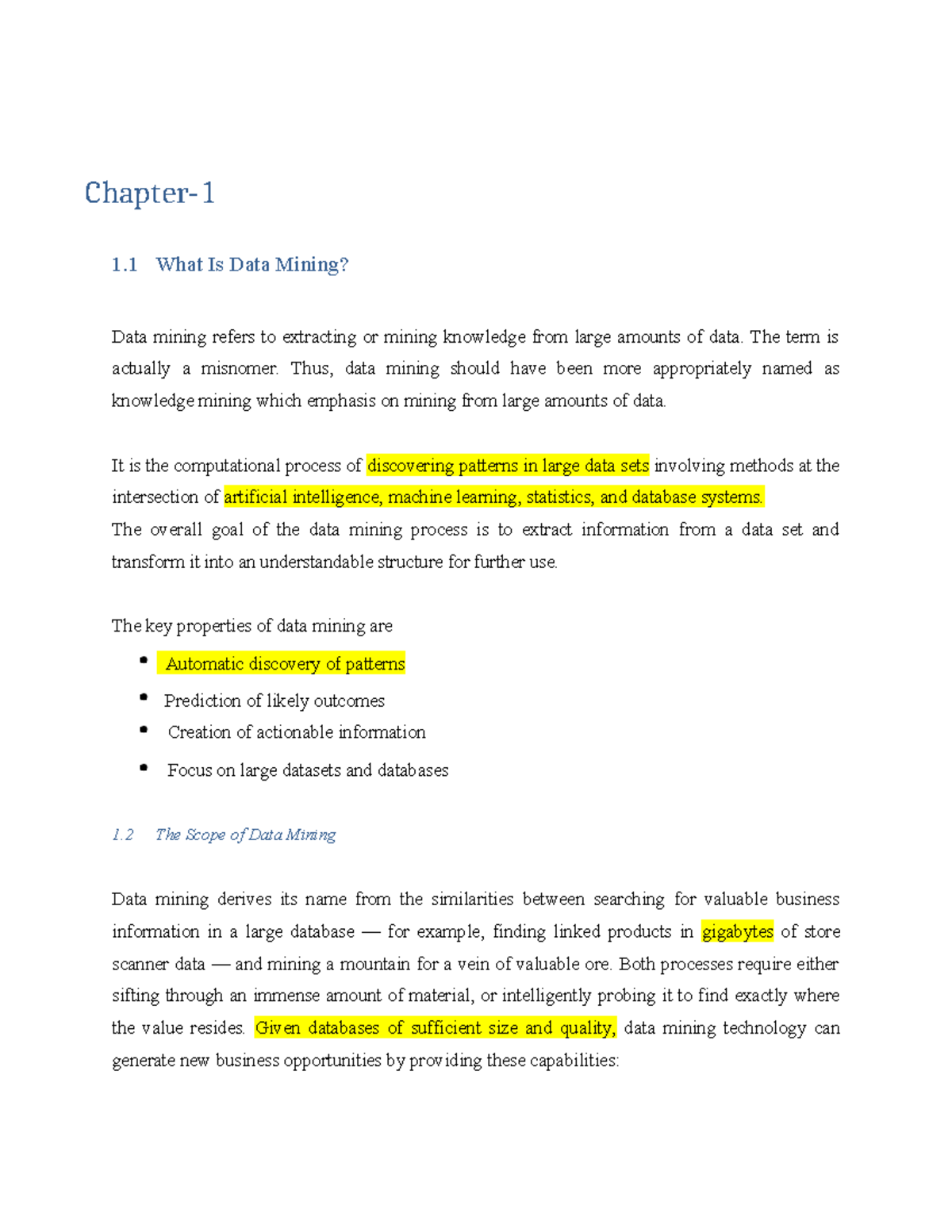 Chapter 1 - Intro to Data Mining & Data Warehousing (CS101) - Studocu