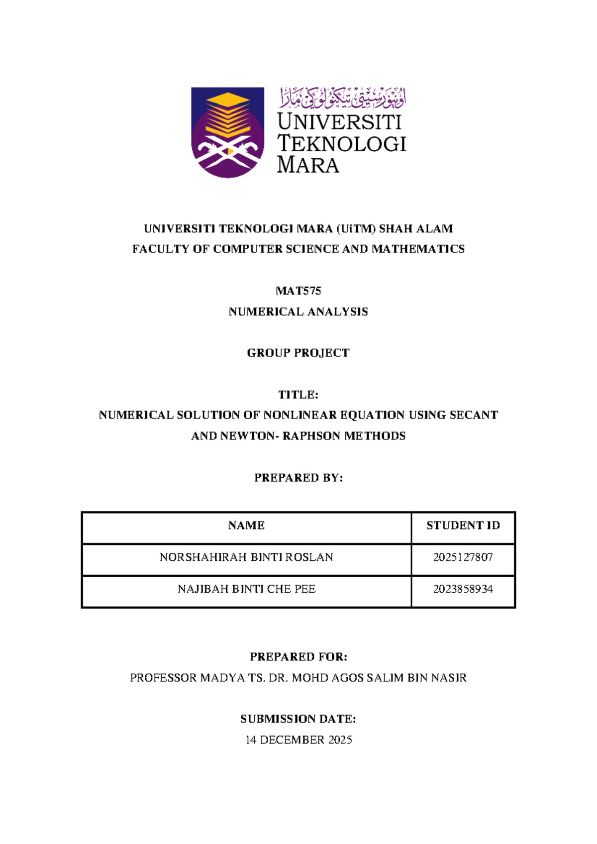 UiTM MAT575 Group Project: Numerical Solutions of Nonlinear Equations ...