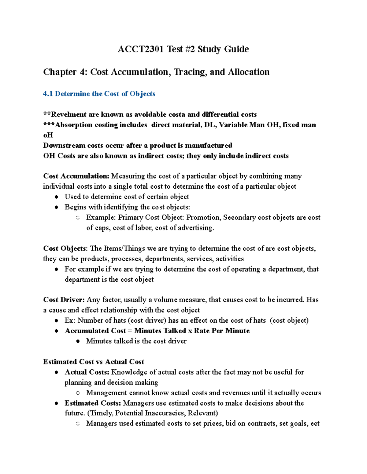 ACCT2301 Test 2 Study Notes: Cost Accumulation & Allocation Techniques ...