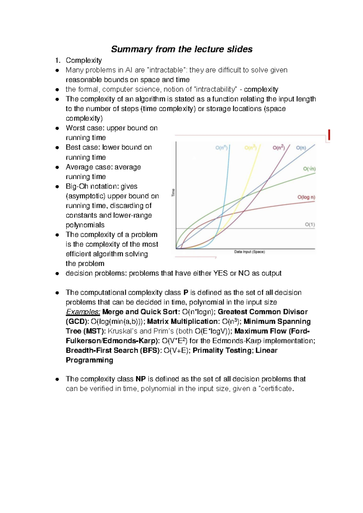 AI Principles and Techniques (CS101) - Lecture Summary on Complexity ...