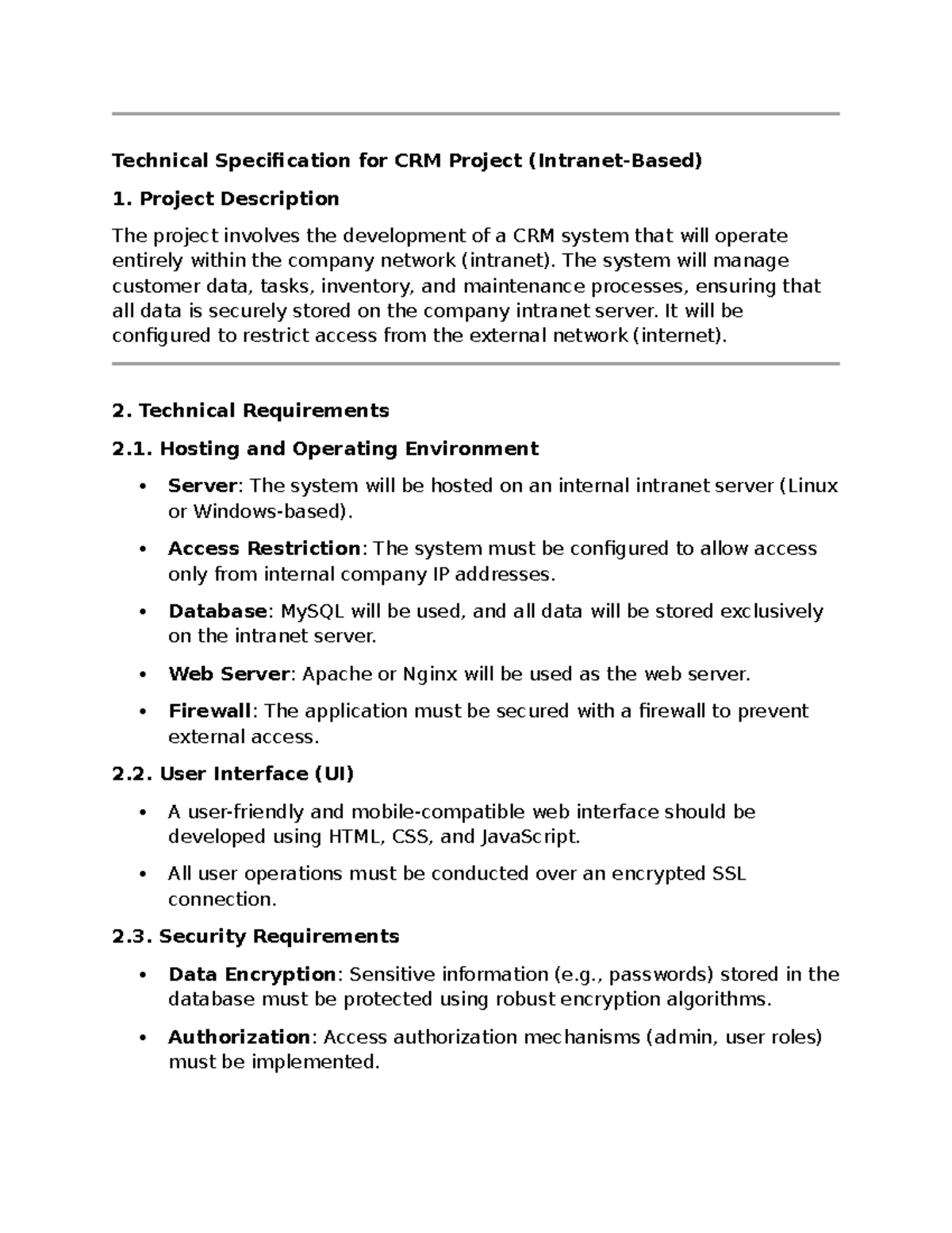 Technical Specification for CRM Project - Project Description The ...