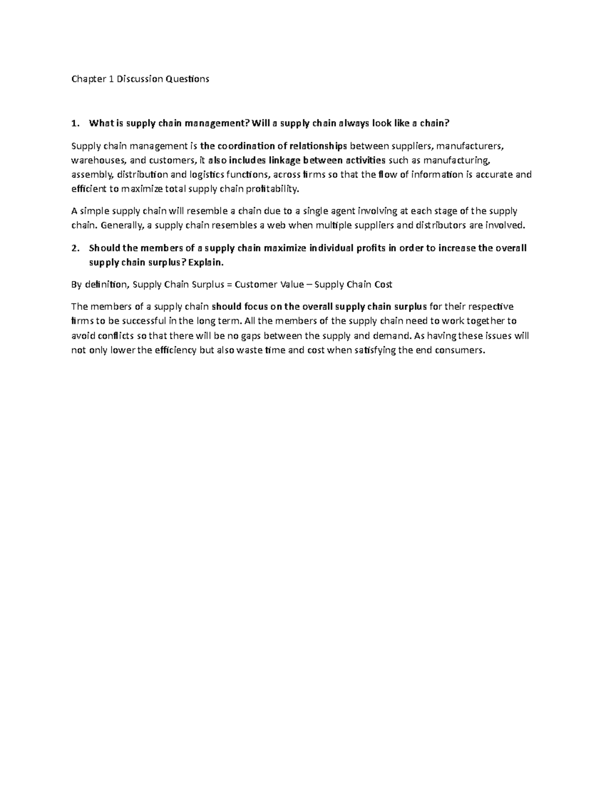 Chapter 1 - Solutions to Supply Chain Management Discussion Questions ...