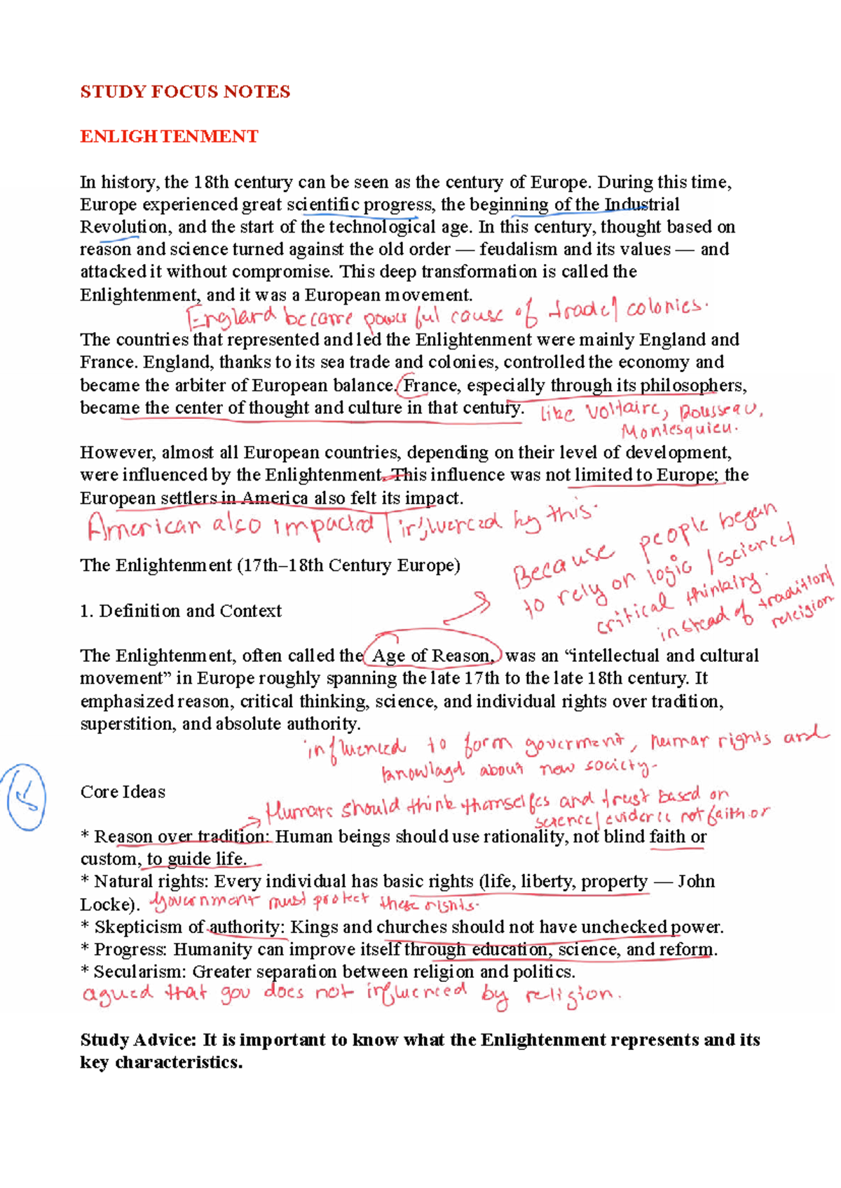 STUDY FOCUS NOTES: ENLIGHTENMENT & INDUSTRIAL REVOLUTION - Studocu
