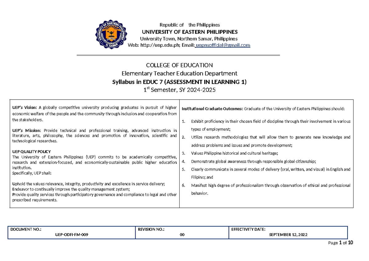 EDUC 7 Syllabus 2024 - Assessment in Learning I Overview - Studocu