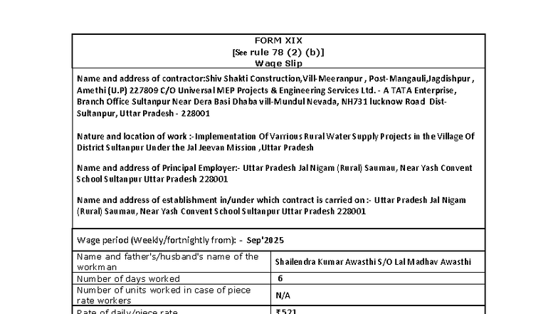 Wage Slip Sep-25: Contractor Shiv Shakti - Rural Water Supply Projects ...