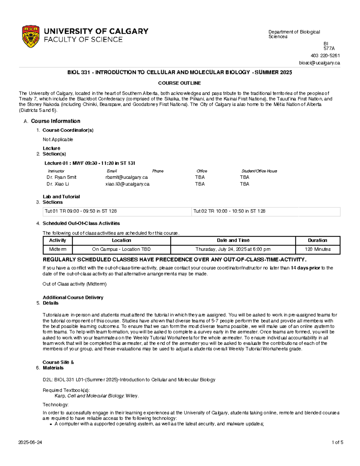 BIOL 331 Introduction to Cellular and Molecular Biology Course Outline ...