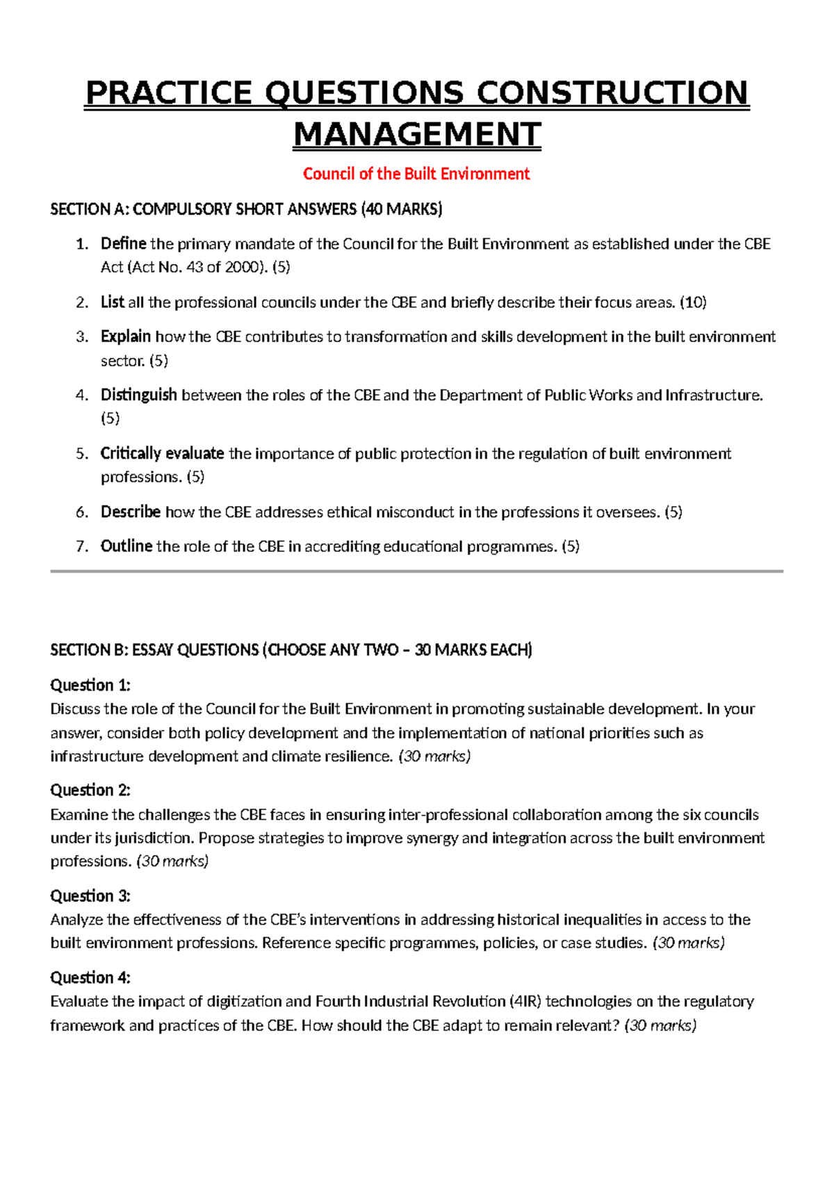Practice Questions for Construction Management (CBE) - Studocu