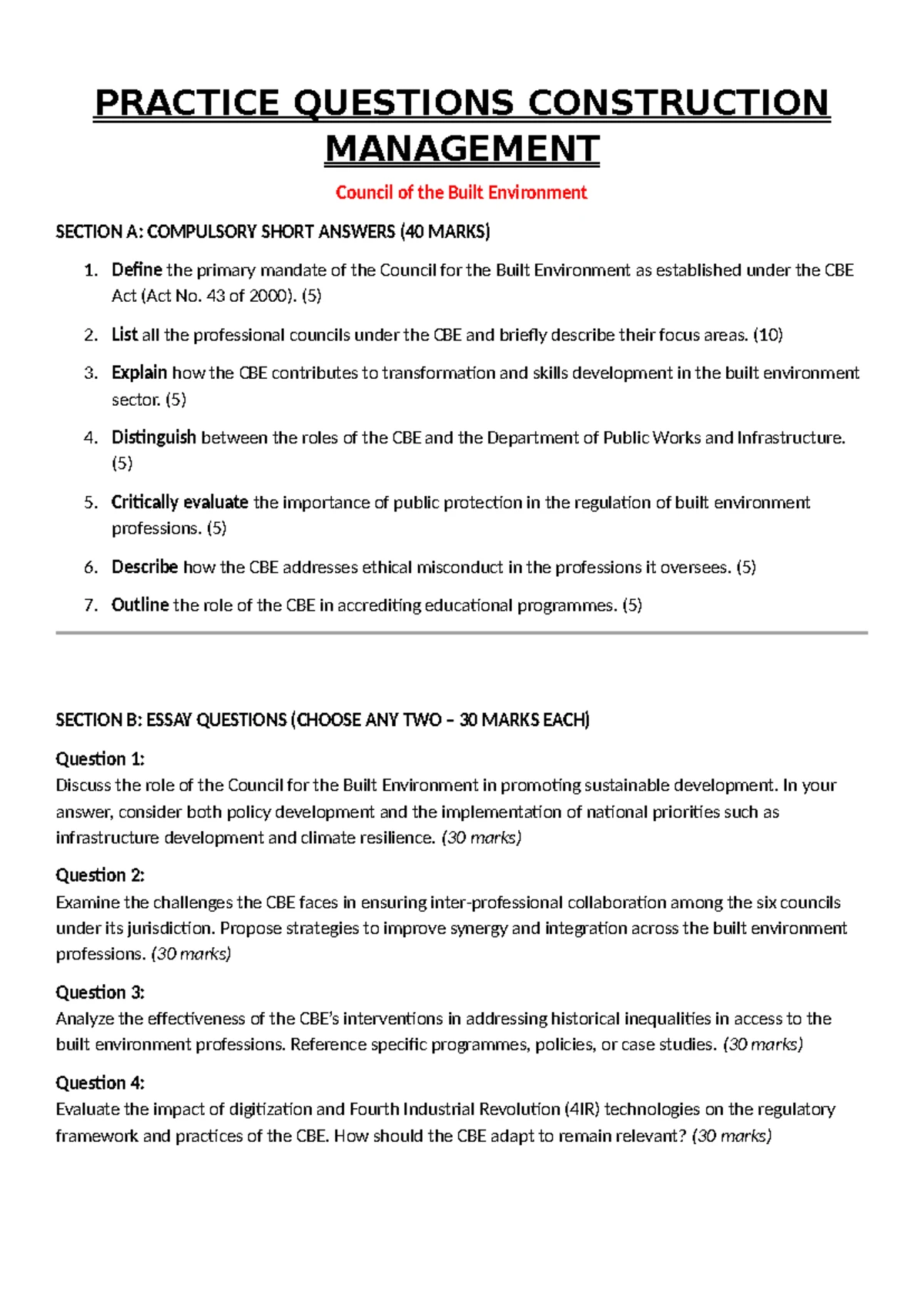 Answer Key: CBE Question Paper Memo - MCQs & Short/Long Answers - Studocu