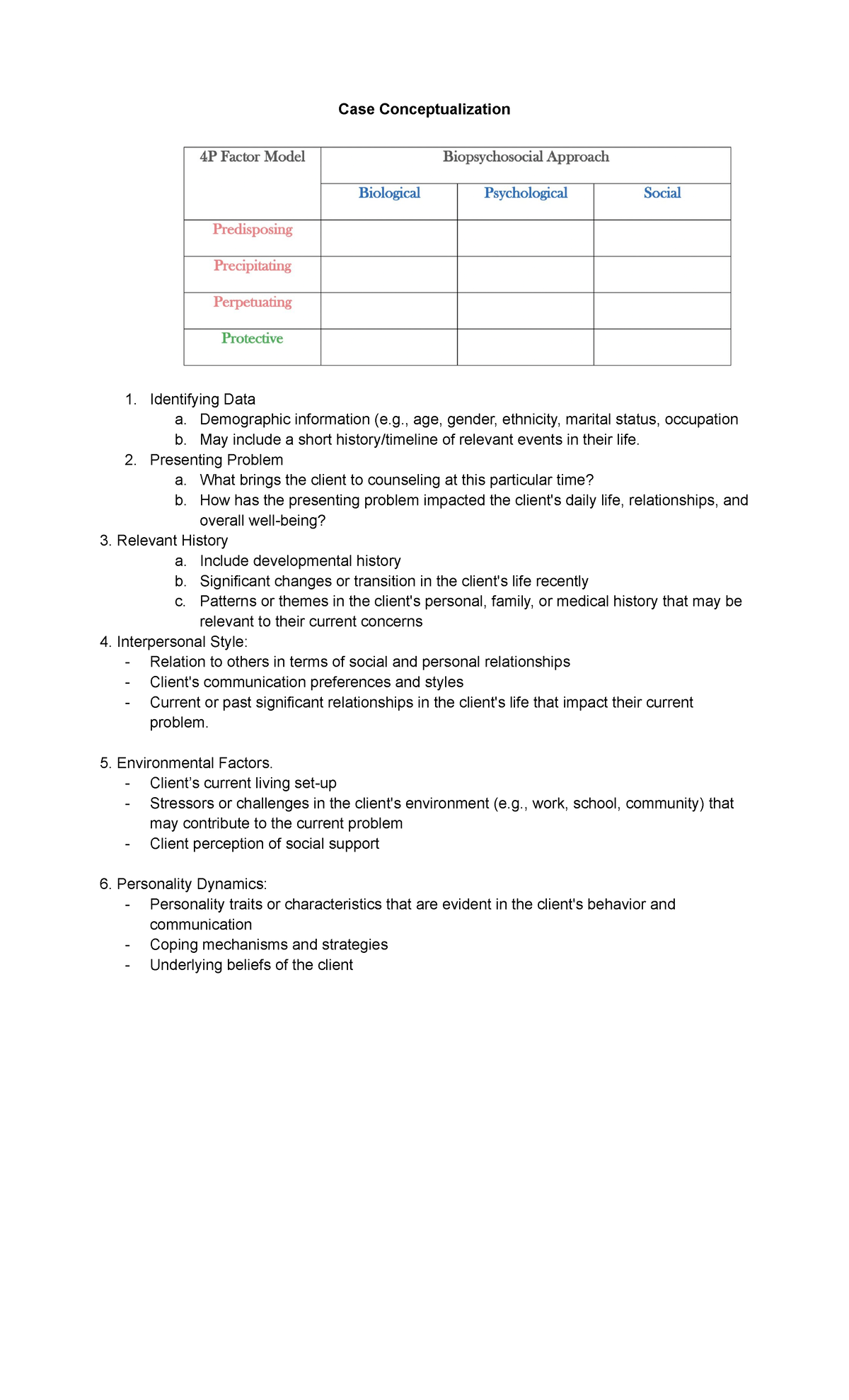 Case Conceptualization Framework: Key Guide Questions for Analysis ...