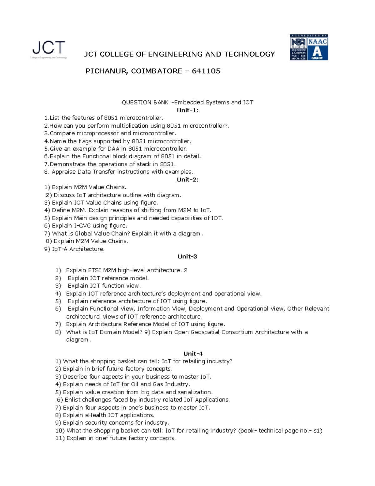 IOT QP - Embedded Systems Question Bank for JCT Engineering - Studocu