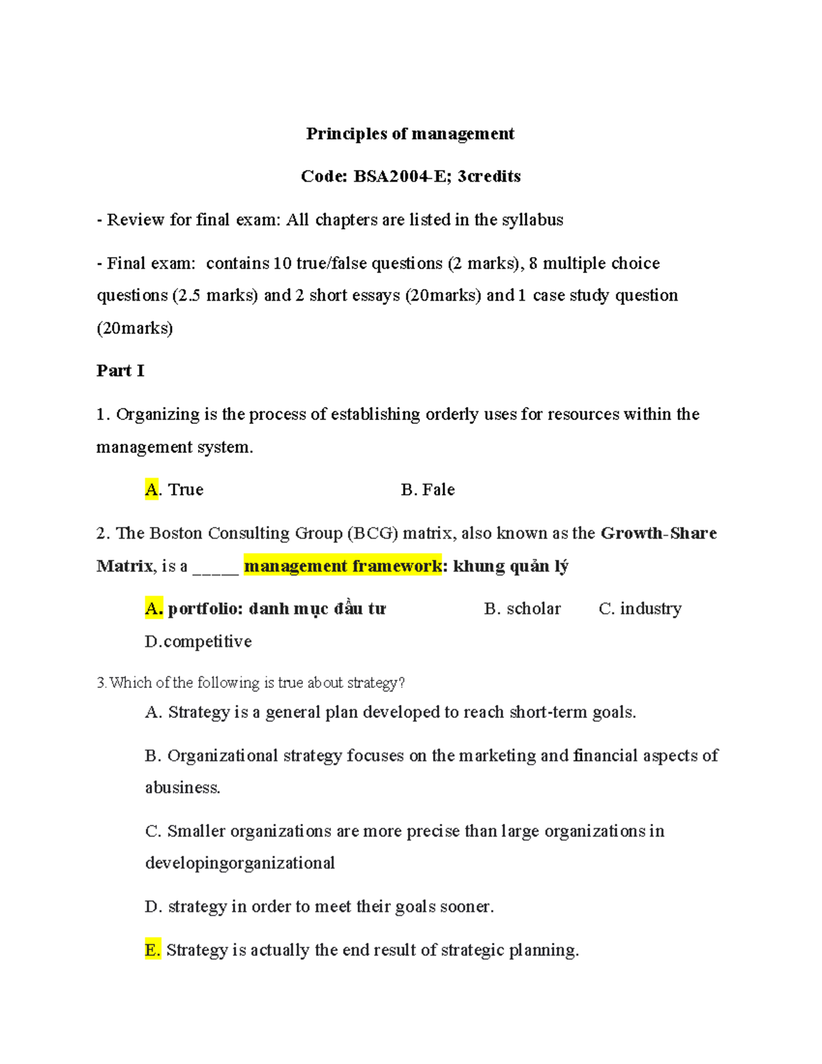 Principles of Management (3 Credits) Final Exam Review 2025-2026 - Studocu