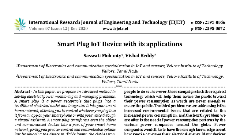 Smart Plug IoT Device: Applications and Innovations (IRJET V7I12) - Studocu