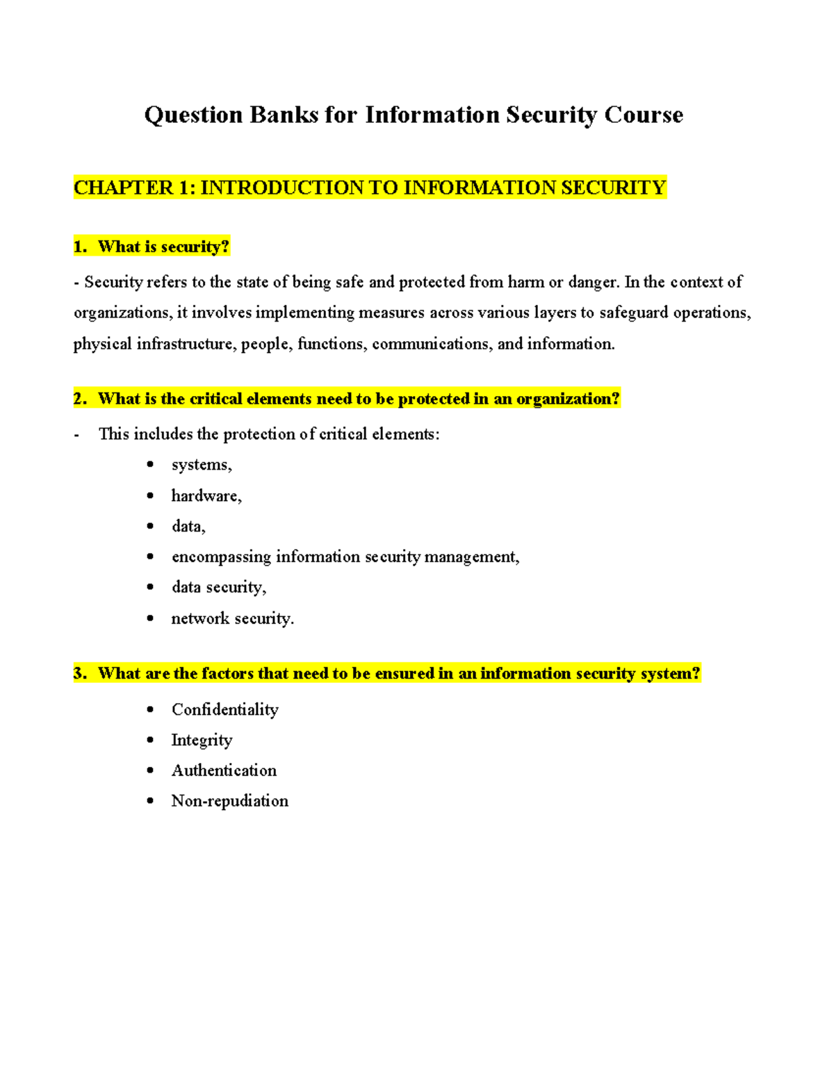 Question Bank for Info Security Course: Chapter 1-7 Overview - Studocu