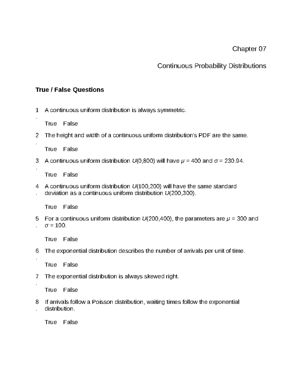 SB Test Bank Chapter 7 - Continuous Probability Distributions - Studocu