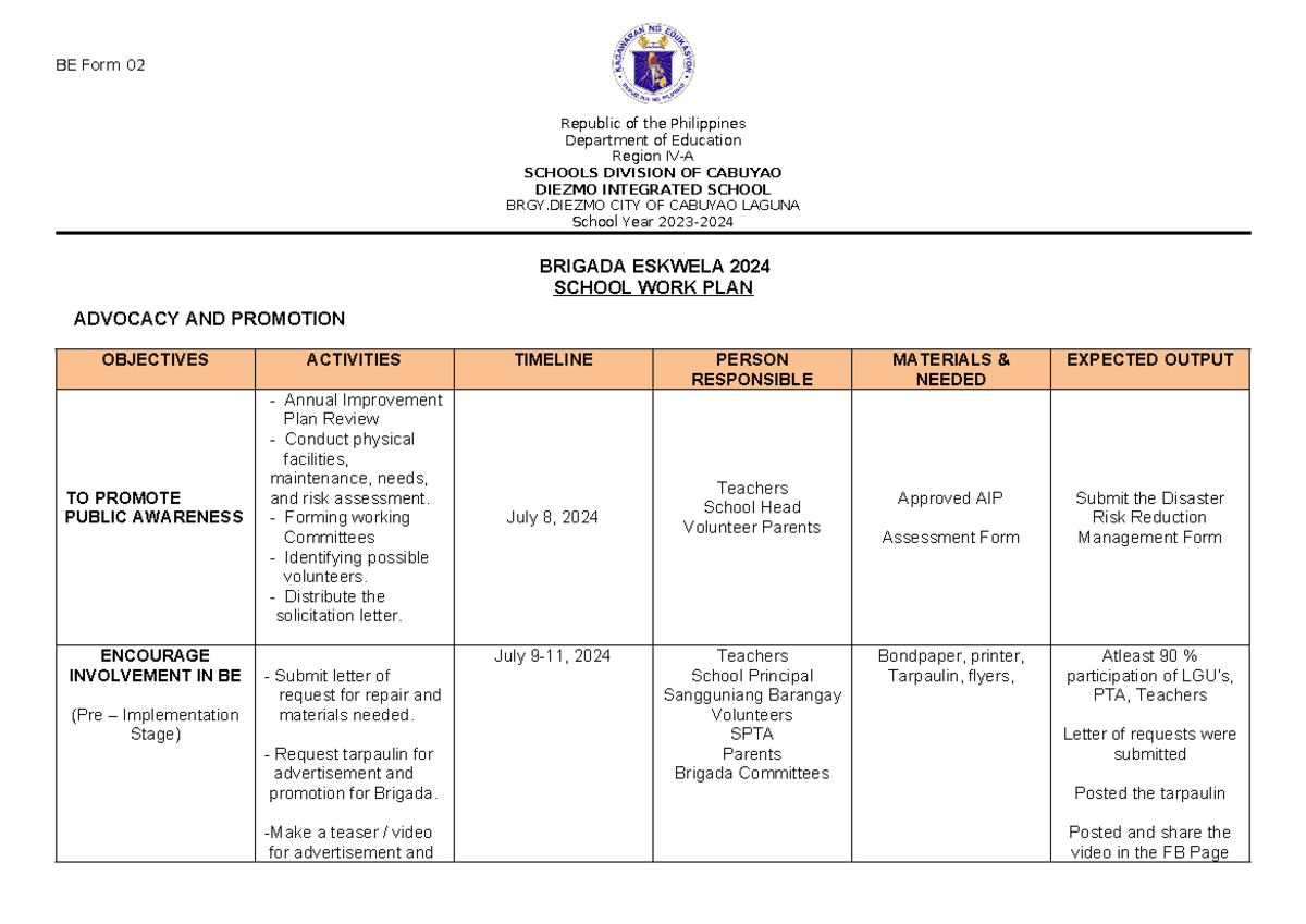 BE Form 02- 2023 BE Workplan - BE Form 02 Republic of the Philippines ...