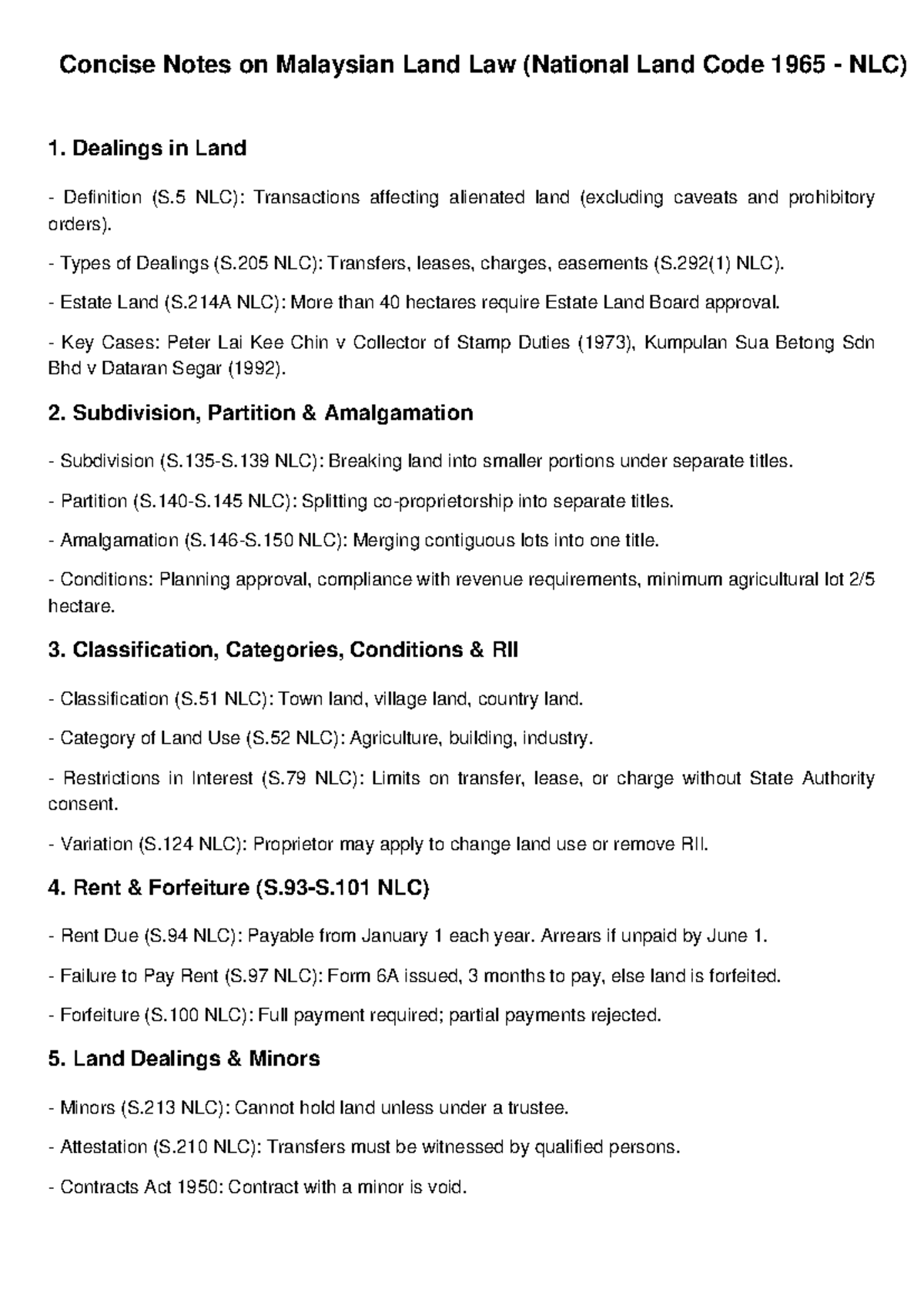 Malaysian Land Law Notes (NLC 1965) - Key Concepts & Cases - Studocu