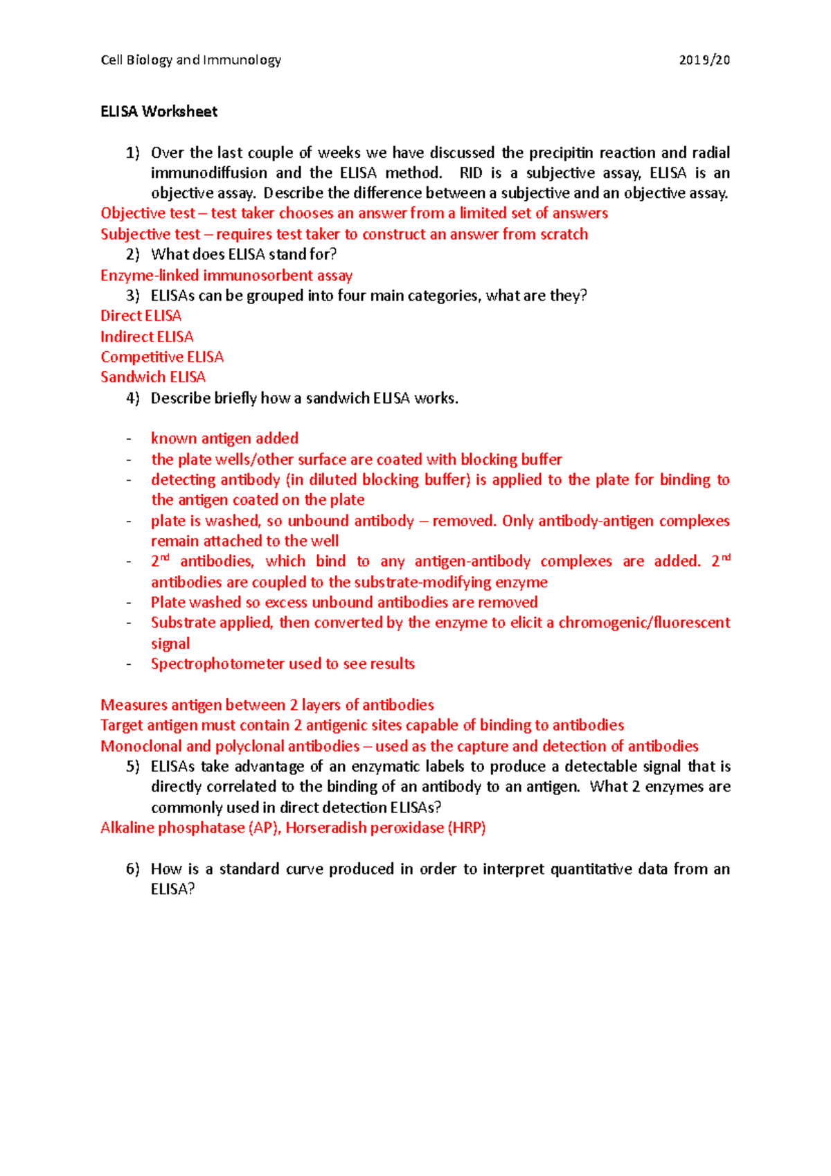 ELISA Worksheet for Cell Biology and Immunology 2019/analysis - Studocu