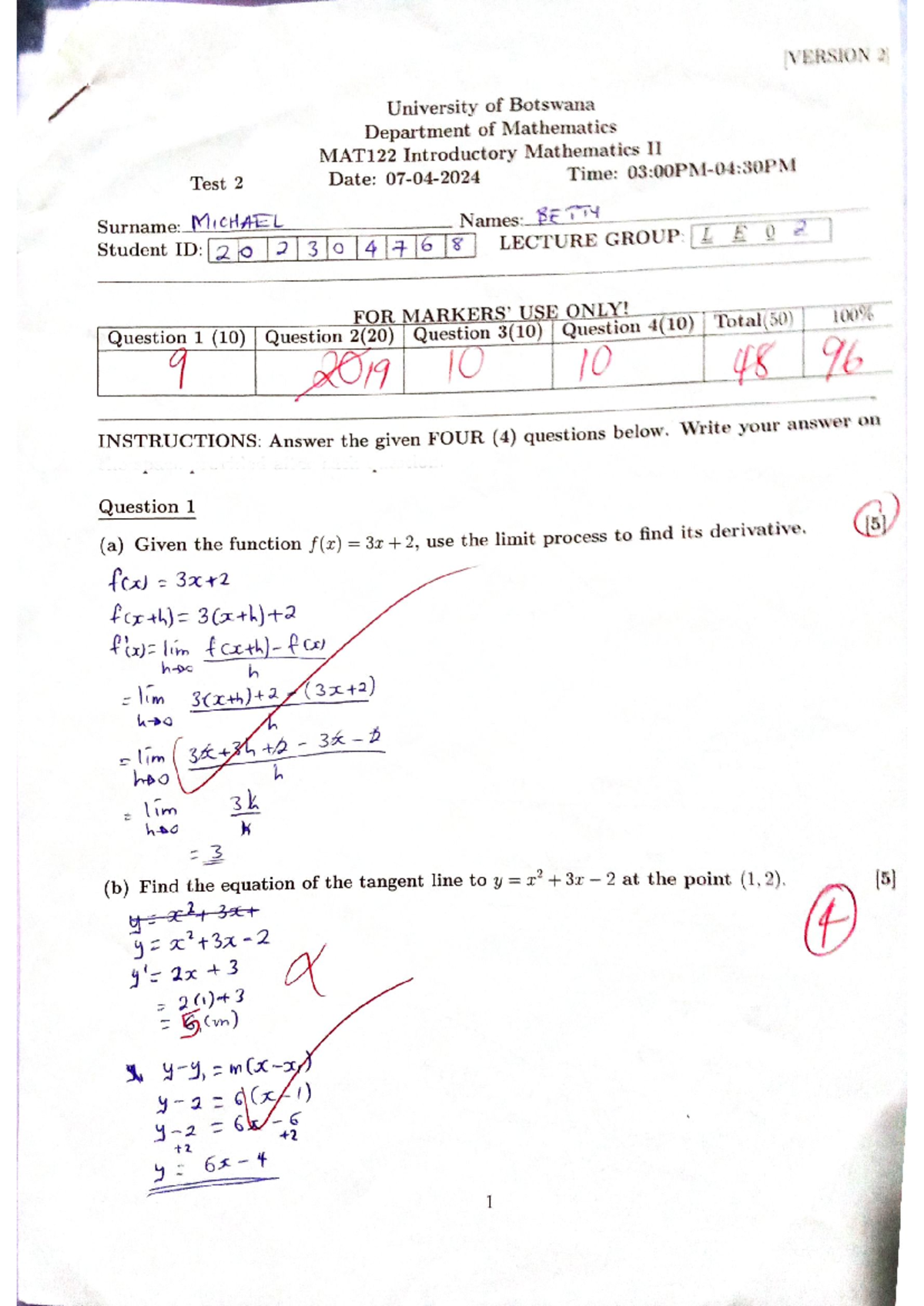 MAT122 Test 2 - Mathematics Questions and Solutions - Studocu