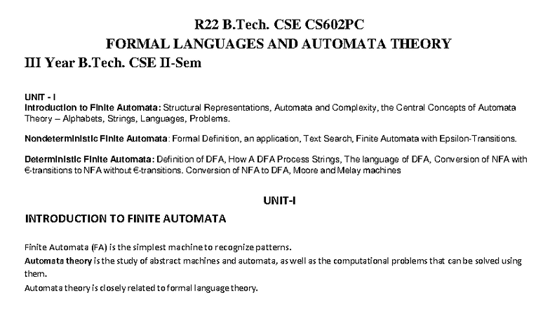 CS602PC B.Tech. CSE Formal Languages & Automata Theory - Unit I Notes ...